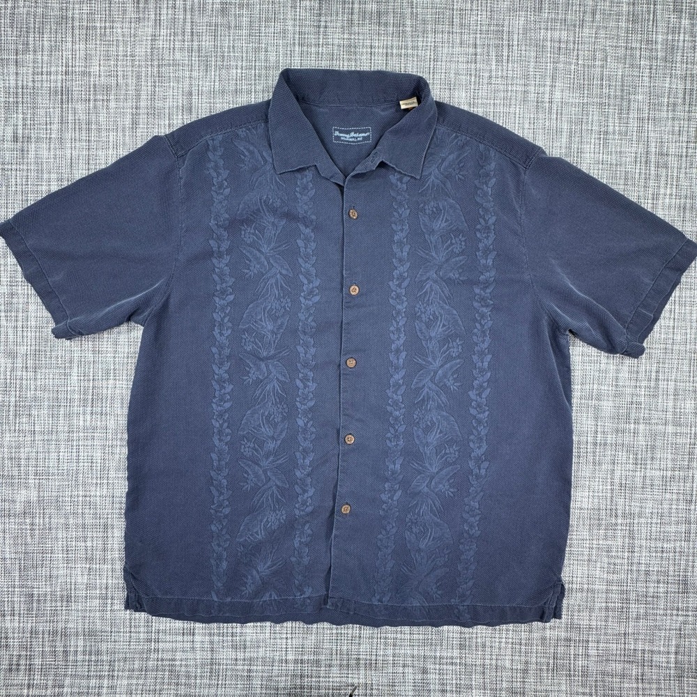 Tommy Bahama Men's Silk Camp Shirt XXL Navy Tonal Floral Embroidery Original Fit